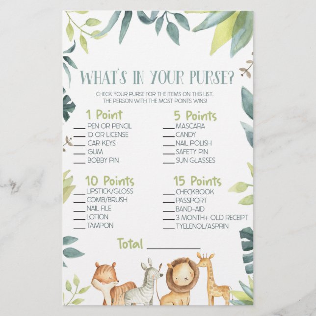 Papeterie Safari Zoo Animal What's In Purse Baby shower Jeu (Devant)