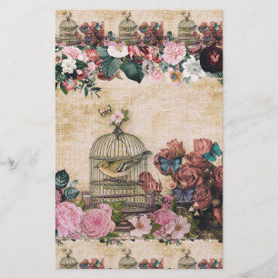 Papeterie Shabby chic, collage vintage, oiseaux, papillons, 