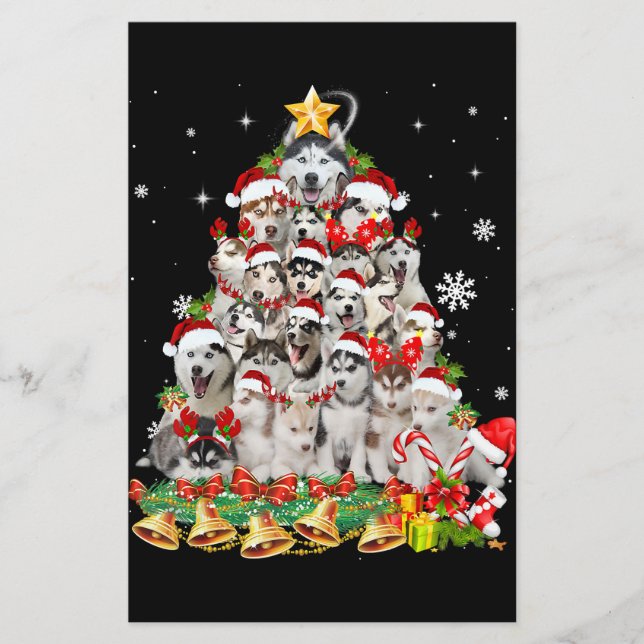 Papeterie Sibérie Husky Christmas Tree Lumières Drôle Chien (Devant)