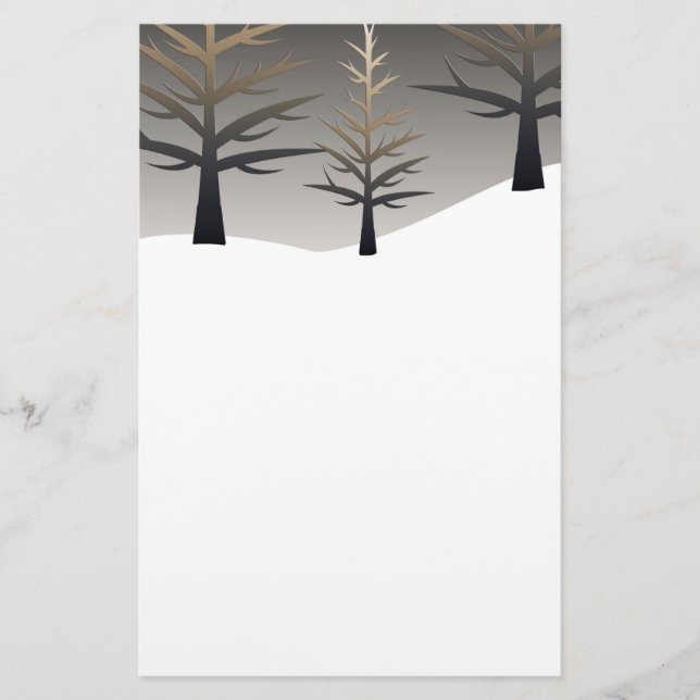 Papeterie Silhouettes d'arbres élégantes sur le paysage neig (Devant)