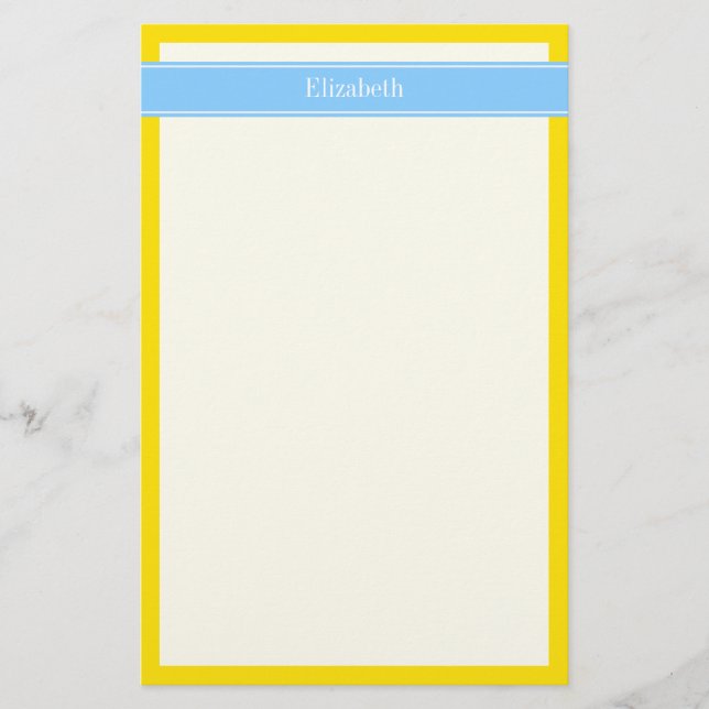 Papeterie Solid Yellow, Sky Blue Ribbon Nom Monogram (Devant)