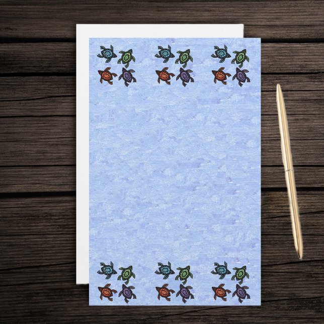 Papeterie Tortues Abstraites colorées (Bunch of colourful abstract turtles on patterned light blue stationery writing paper.)