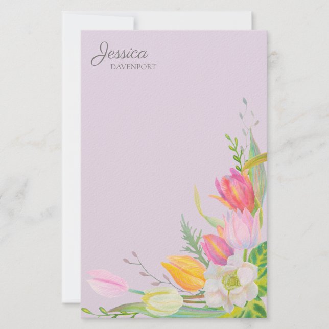 Papeterie Tulipes Aquarelle rose Jaune Fleurs printanières (Devant)