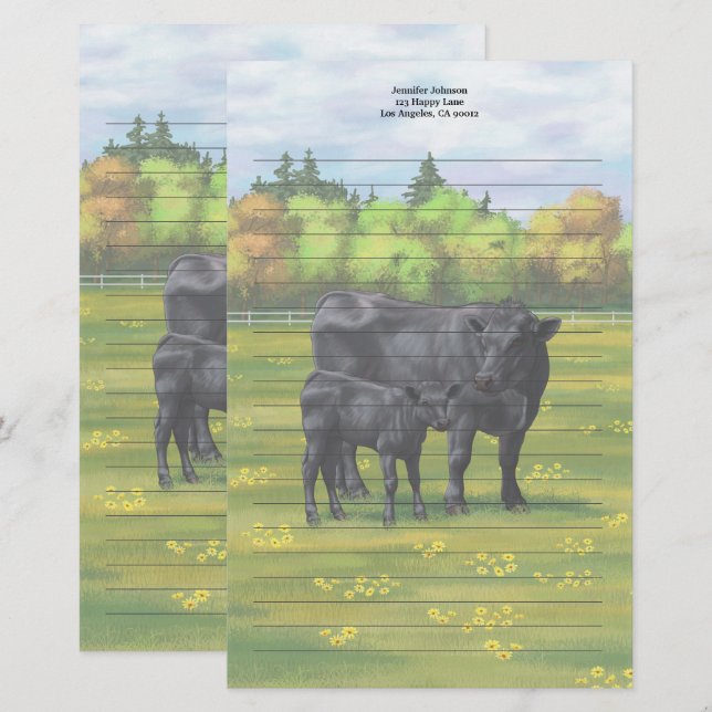 Papeterie Vache d'Angus noir et veau mou en pâturage d'été (Devant / Derrière)