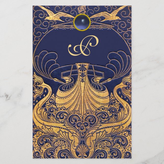 Papeterie Vaisseau antique, Dauphins, Or, Monogramme bleu ma (Devant)