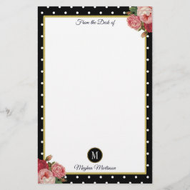 Papeterie Vintage noir Pois Floral Nom Monogramme