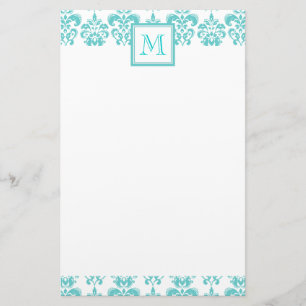 Papeterie Votre monogramme, motif turquoise 2 de damassé