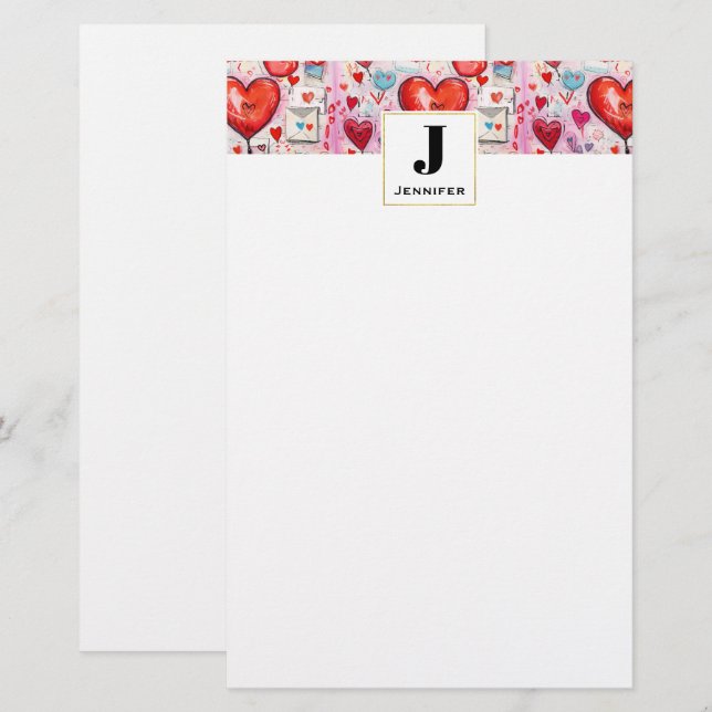 Papeterie Whimsical Hearts and Love Lettres Motif Monogramme (Devant / Derrière)