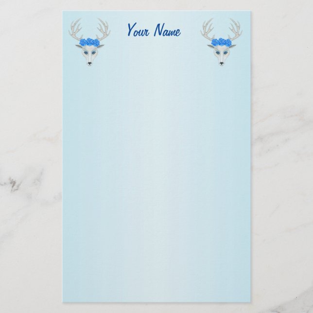 Papeterie White Deer Heads Joty Visages Roses sur Blue (Devant)