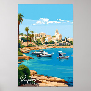 Paphos Cyprus Vintage Illustration Poster