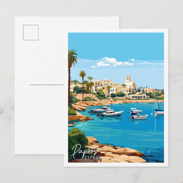 Paphos Cyprus Vintage Illustration Postkarte (Vorne/Hinten)