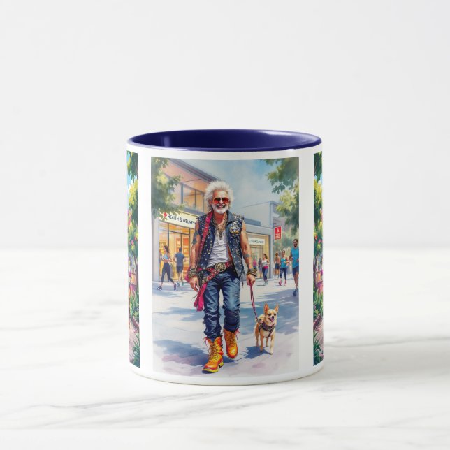 Papi Rocker spaziert seinen Hund in Ruhe. Tasse (Zentrum)