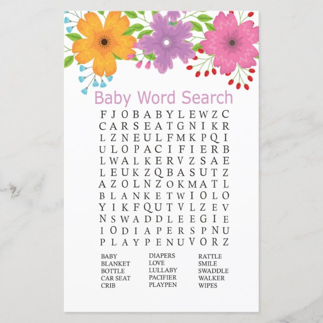 Papier С de fleurs Baby shower Mot de recherche Jeu (Devant)