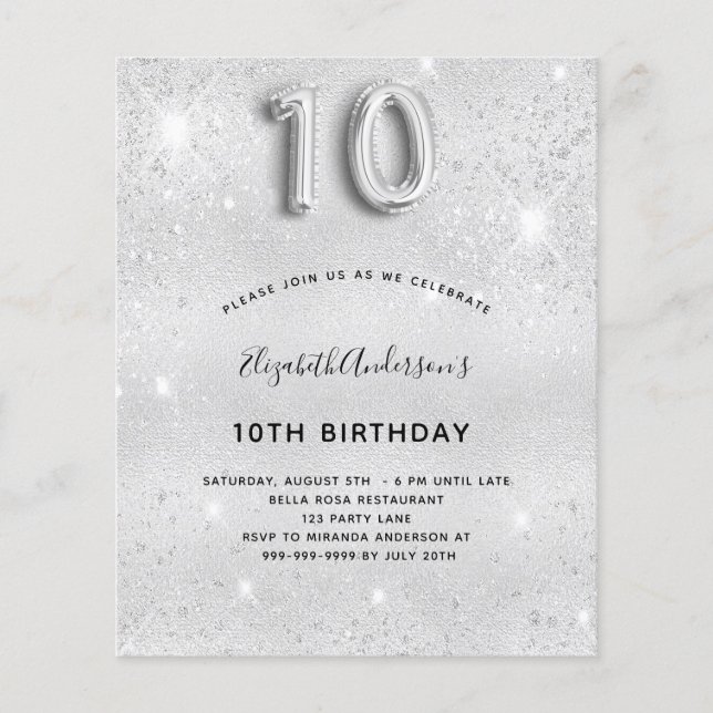 Papier 10e anniversaire parties scintillant argent invita (Devant)