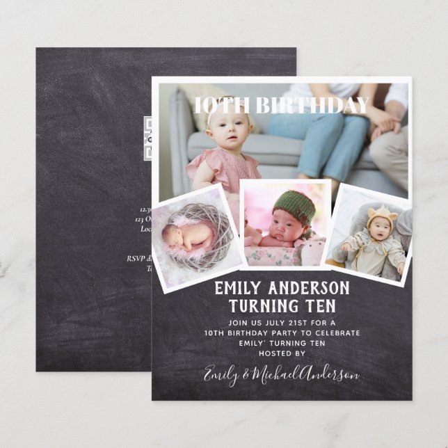 Papier 10E Anniversaire Photo Collage Invitation Garçon f (Devant / Derrière)