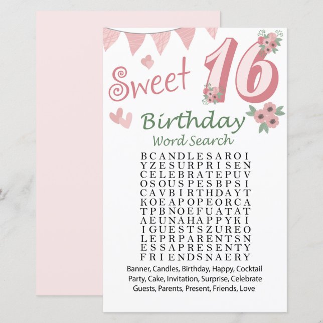 Papier 16e anniversaire Mot de recherche Jeu (Devant / Derrière)