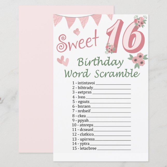 Papier 16e anniversaire Mot Scramble Jeu (Devant / Derrière)