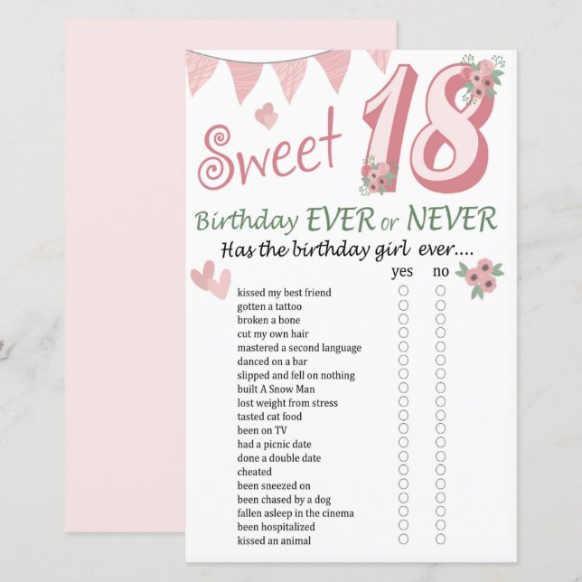 Papier 18 e anniversaire Jeu jamais ou jamais (Devant / Derrière)