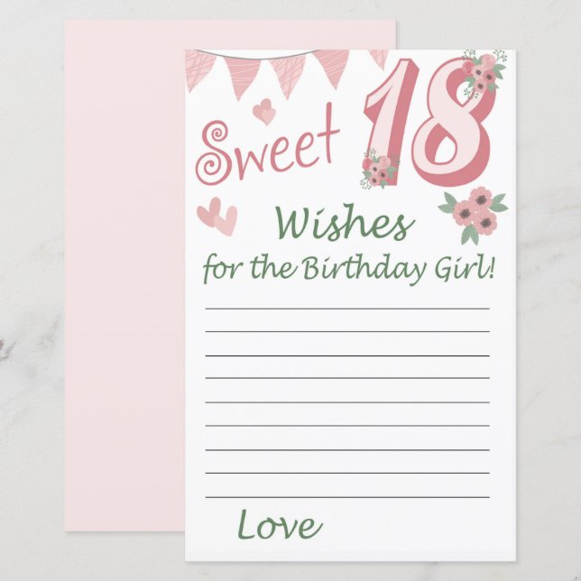 Papier 18 e anniversaire Voeux pour la fille d'anniversai (Devant / Derrière)