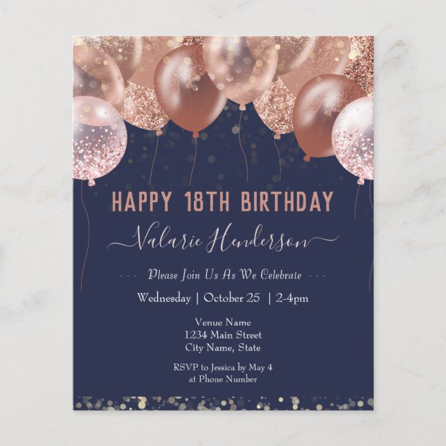 Papier 18e anniversaire Ballons roses Invitation budgétai (Devant)