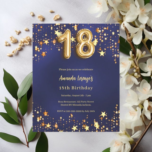 Papier 18e anniversaire marine bleu or étoiles invitation (Créateur téléchargé)