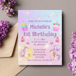 Papier 1er anniversaire licornes cupcakes invitation girl