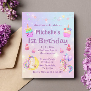 Papier 1er anniversaire licornes cupcakes invitation girl