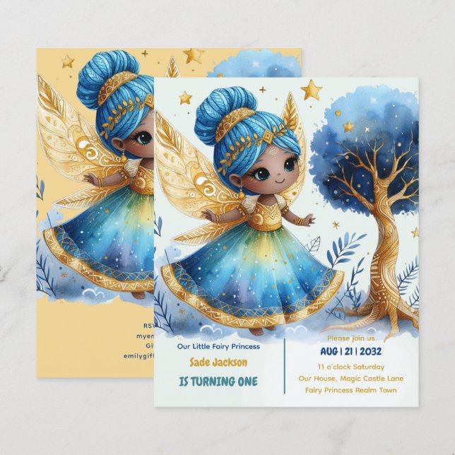 Papier 1er Anniversaire Petite Fée Princesse Africaine ON (Devant / Derrière)