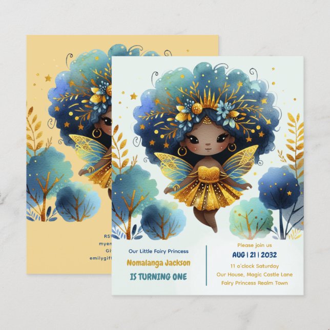 Papier 1er Anniversaire Petite Fée Princesse Africaine ON (Devant / Derrière)