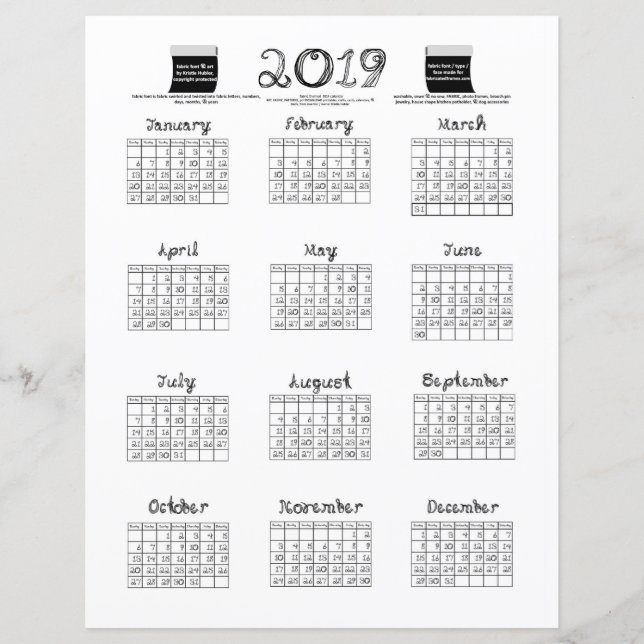 Papier 2019 calendrier tissu police boulons tissu noir bl (Devant)
