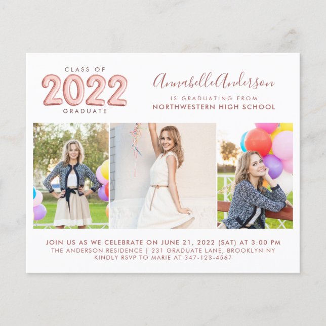 Papier 2022 Pink Photo Graduation Budget Parti Invitation (Devant)