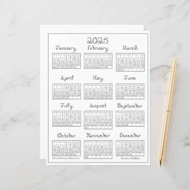 Papier 2025 Calendrier Fonte en tissu gris argenté imprim (Devant/Arrière en situation)