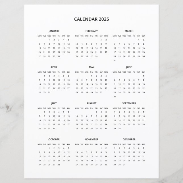 Papier 2025 Modern Minimalist Printable Calendar in Black (Devant)