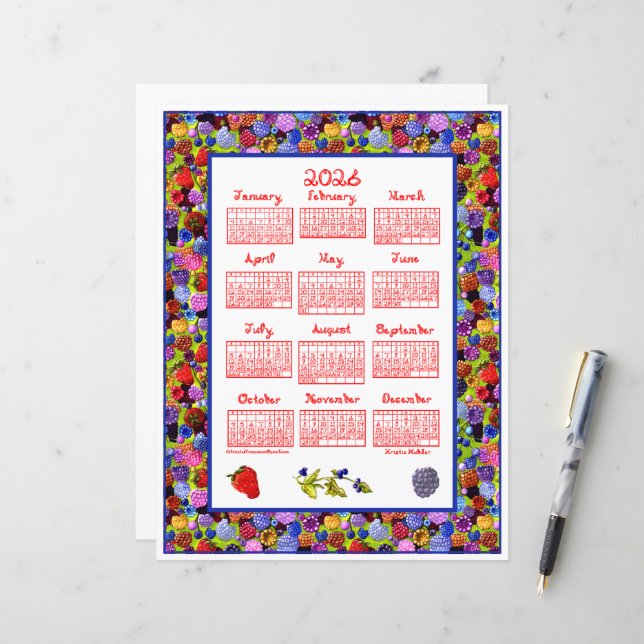 Papier 2026 Calendar Berries Art Frame Red Fabric Font (Devant/Arrière en situation)