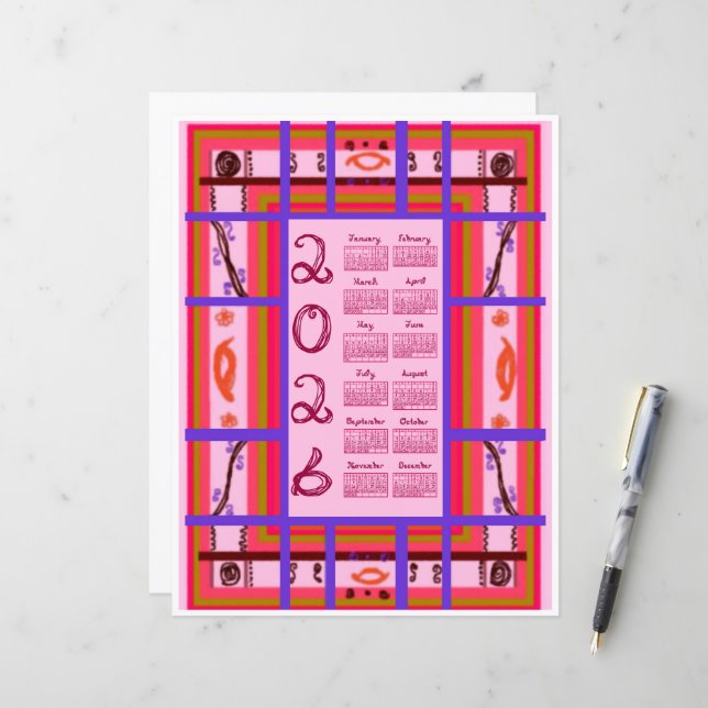 Papier 2026 Calendar Girl Power Curvy Plaid Berry Fabric  (Devant/Arrière en situation)