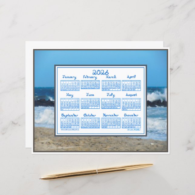 Papier 2026 Calendar Ocean Waves Beach Rocks Fabric Font (Devant/Arrière en situation)