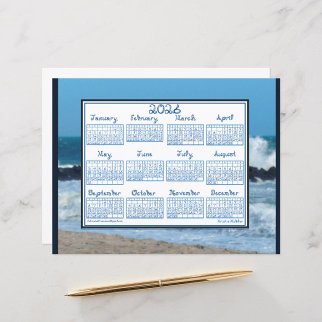 Papier 2026 Calendar Ocean Waves Beach Rocks Fabric Font (Devant/Arrière en situation)