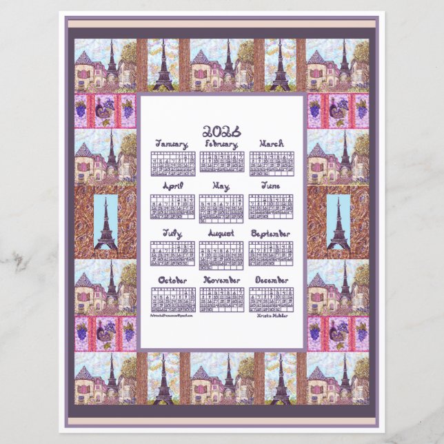 Papier 2026 Calendar Paris Eiffel Tower Pointillism Art (Devant)