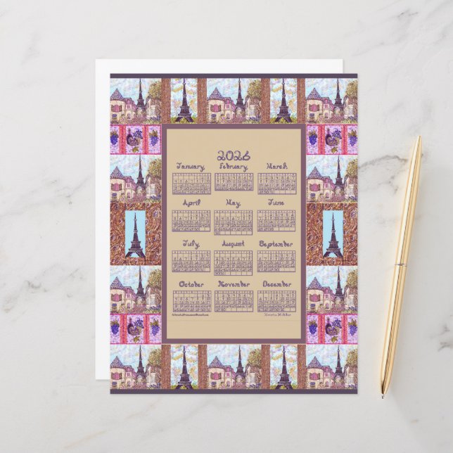 Papier 2026 Calendar Paris Eiffel Tower Pointillism Art (Devant/Arrière en situation)