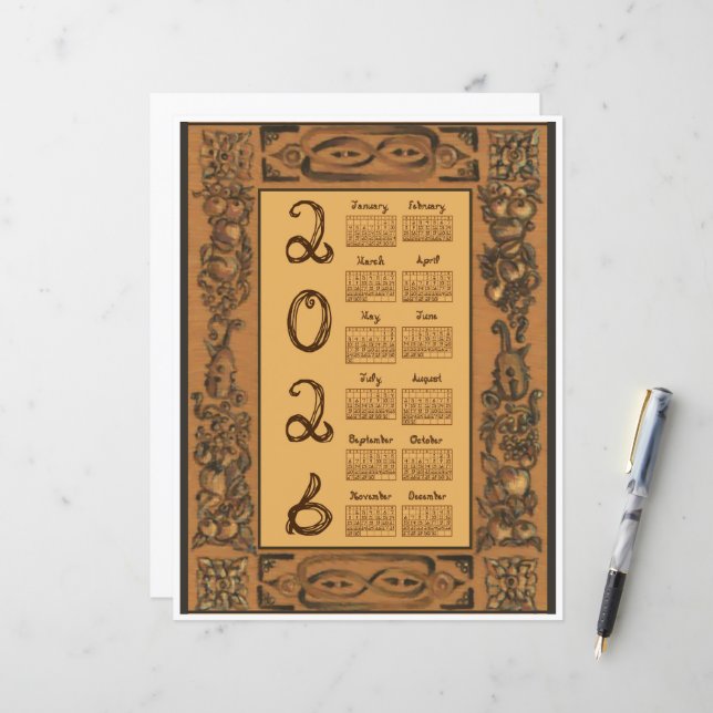 Papier 2026 Calendar Windsor Castle Inspired Wood Fabric (Devant/Arrière en situation)