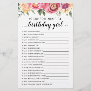 Papier 20 Questions sur la fille qui fête son anniversair
