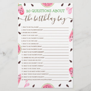 Papier 20 Questions sur le garçon d'anniversaire Jeu modi
