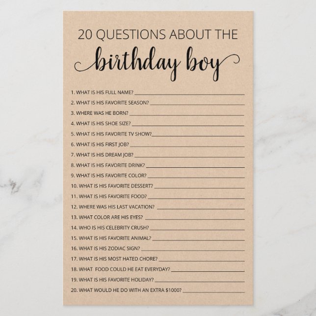 Papier 20 Questions sur le jeu Anniversaire Garçon Annive (Devant)