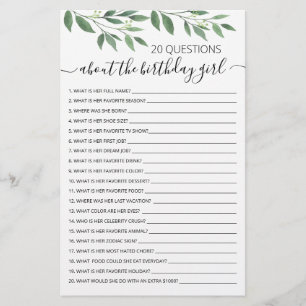 Papier 20 Questions sur le jeu d'anniversaire de la fille