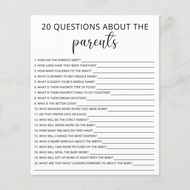 Papier 20 Questions sur le jeu de baby shower des parents (Devant)