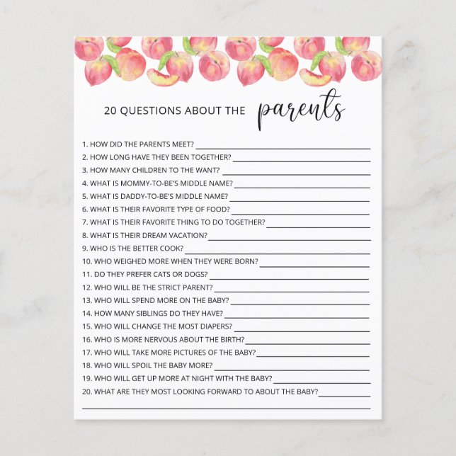 Papier 20 Questions sur le jeu de baby shower Parents (Devant)