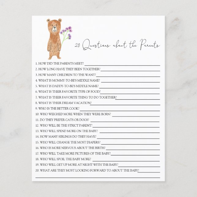 Papier 20 Questions sur le jeu de baby shower Parents (Devant)