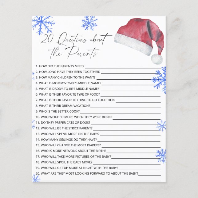 Papier 20 Questions sur le jeu de baby shower Parents (Devant)