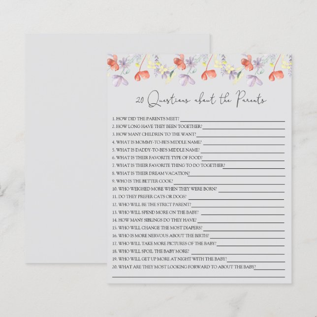 Papier 20 Questions sur le jeu de baby shower Parents (Devant / Derrière)