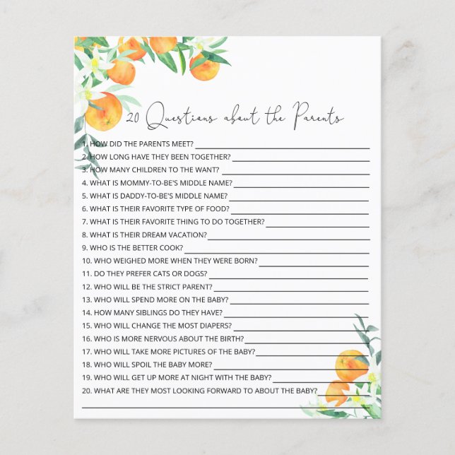 Papier 20 Questions sur le jeu de baby shower Parents (Devant)